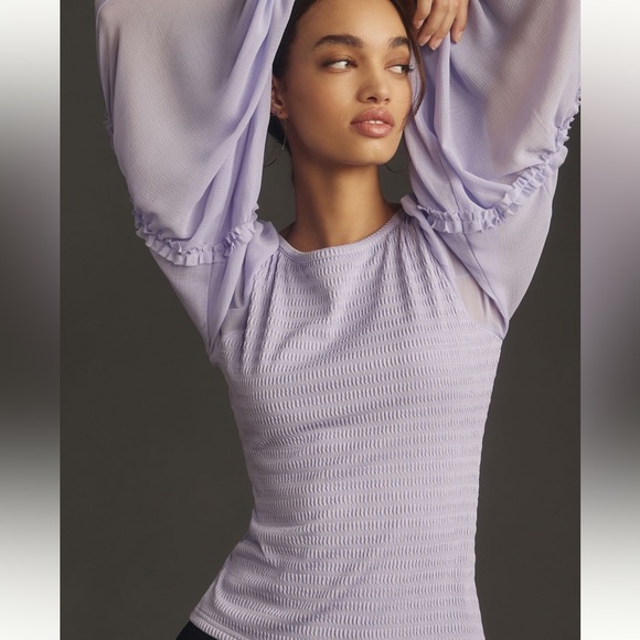 By Anthropologie Balloon-Sleeve Smocked lavender Top size large - Picture 3 of 8